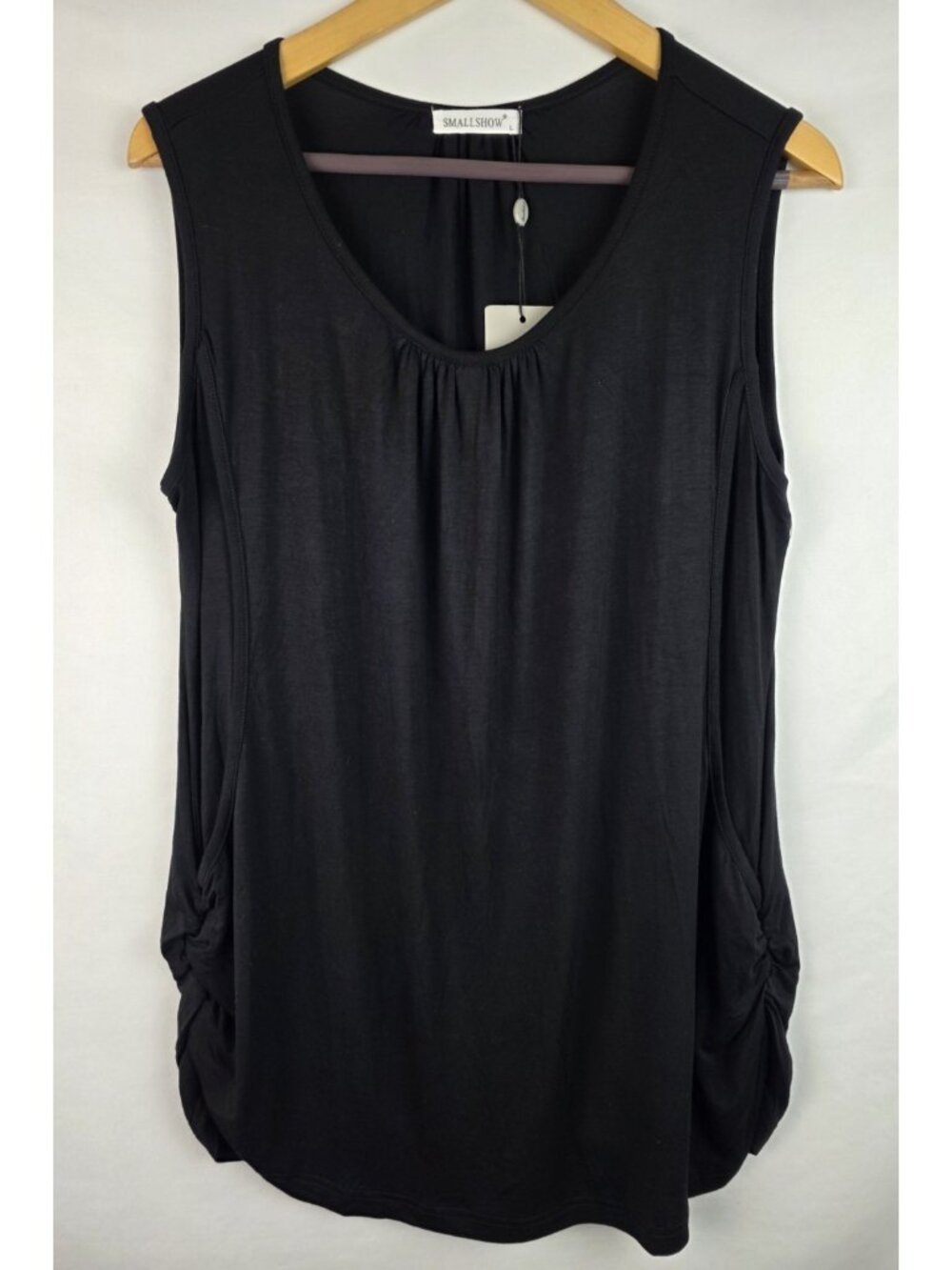 Smallshow Women's Maternity Top Size Large Black Sleeveless Rouched Blouse Shirt
